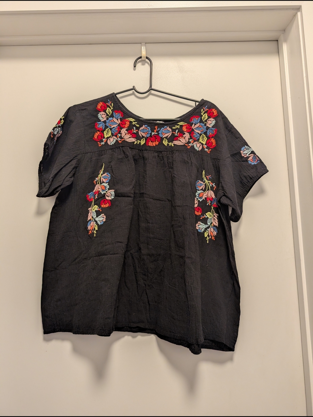 Black Embroidered Floral Peasant Blouse